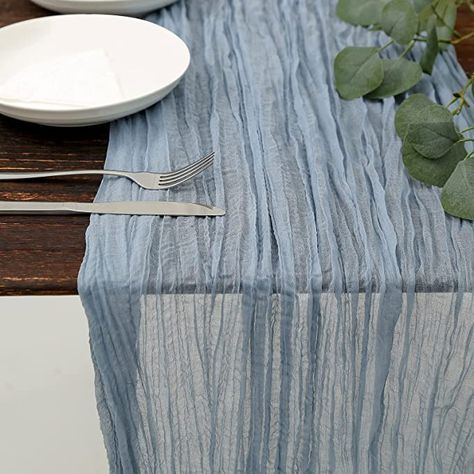 Amazon.com: DOLOPL Dusty Blue Cheesecloth Table Runner 13.3ft Boho Gauze Cheese Cloth Table Runner Rustic Sheer Runner 160inch Long for Wedding Bridal Baby Shower Birthday Party Cake Table Decorations : Home & Kitchen Romantic Dinner Tables, Party Cake Table, Cheesecloth Table Runner, Rustic Wedding Showers, Rustic Table Runners, Long Table Runner, Farmhouse Style Table, Cake Table Decorations, Wedding Tablecloths