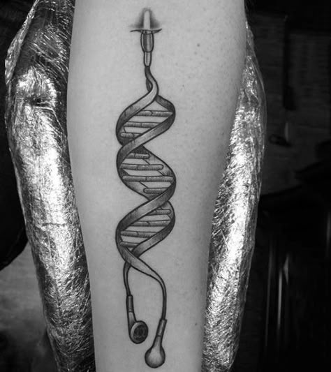 Dna Double Helix Headphone Tattoo Design On Man                                                                                                                                                     More Headphones Tattoo, Dna Tattoo, Dna Art, Hawaiian Tattoos, Tattoo Music, Creative Tattoo Ideas, Kunst Tattoos, Tattoo Trend, Music Tattoo Designs