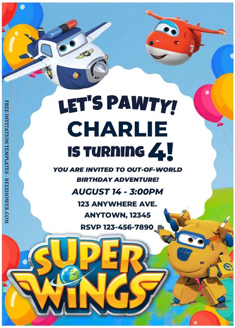 Download (Free Editable PDF) Charming Super Wings Baby Shower Invitation Templates Superwings Party, Super Wings Birthday Party, Wings Party, Bday Decor, Super Wings, Iron Rich, Text Features, Baby Shower Invitation, 3rd Birthday