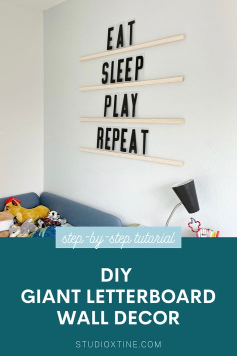 Diy Letterboard Wall, Diy Giant Letter Board, Playroom Letterboard, Large Letters On Wall, Diy Oversized Wall Art, Wall Letter Board, Wall Decor Studio, Office Craft Space, A Loft Bed