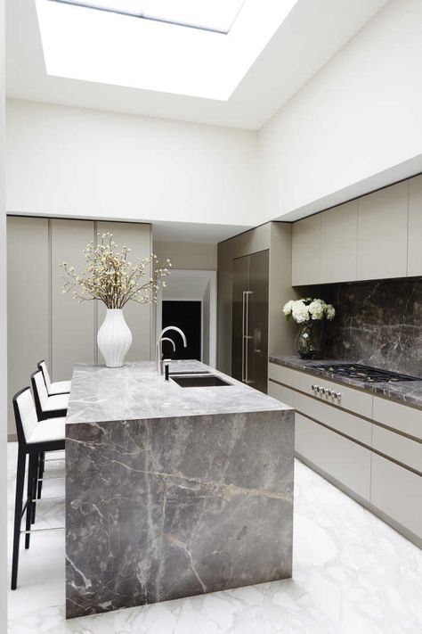 Waterfall Kitchen Island, Grey Marble Kitchen, Marble Floor Kitchen, Waterfall Island Kitchen, Dark Island, Waterfall Kitchen, Marble Kitchen Island, Dark Marble, Grey Kitchen Island