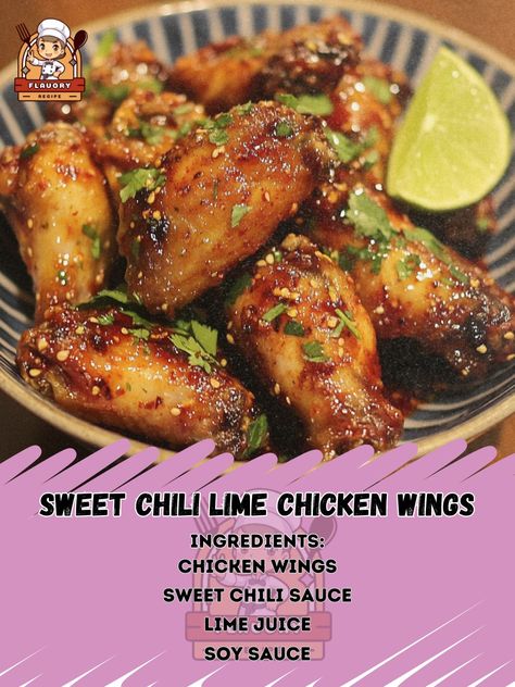 🍗🍋 Sweet Chili Lime Chicken Wings: Get your wings with a sweet, tangy, and spicy twist! 🌶️🍗 #WingNight #FlavorExplosion Sweet Chili Lime Chicken Wings Ingredients: Chicken wings (1kg) Sweet chili sauce (1/2 cup) Lime juice (2 tbsp) Soy sauce (2 tbsp) Garlic (2 cloves, minced) Olive oil (2 tbsp) Instructions: Marinate wings in sweet chili sauce, lime juice, soy sauce, garlic, and olive oil for 1 hour. Bake at 400°F for 25-30 minutes, until crispy. 🍗 Savor the sweet and spicy flavors of the... Sweet Chilli Wings Recipe, Chili Lime Chicken Wings, Chilli Wings, Lime Chicken Wings, Marinated Wings, Soy Sauce Garlic, Chili Lime Chicken, Garlic And Olive Oil, Wings Recipe