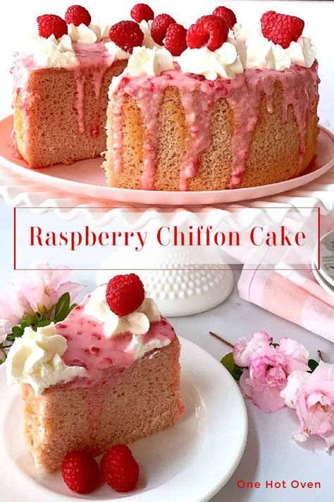 Bake this easy-to-make homemade Raspberry Chiffon Cake for a taste of cake heaven. This impressive cake has a light and airy texture that bakes up spectacularly tall. Add a sweet raspberry glaze to drizzle down the side of the cake and add raspberries on top. This is a perfect springtime cake and makes a great dessert for Easter or anytime you want a delicious cake. Pretty Pink Cake, Sponge Texture, Coffee Cake Loaf, Chiffon Cake Recipe, Raspberry Glaze, Cake Light, Raspberry Desserts, Fruity Cake, Raspberry Recipes