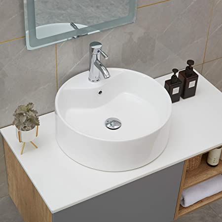 Circle Bowl Sink, Bathroom Sink On Top Of Counter, Bathroom Sink Bowl On Top, Sink Bowl On Top Of Vanity, White Vessel Sink Bathroom, Round Sink Bathroom, Bowl Sink Bathroom Vanities, Above Counter Sink, Bowl Sink Bathroom