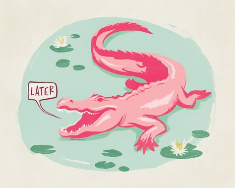 "Later gator! Whether you're passionate about gators or just love a solid rhyme, this art print will brighten up your space.  Perfect for a home, office, or dorm.  13\"x10\" - Printed on heavyweight velvet rag paper that has rich colors and a warming texture." Gator Art, Alligator Illustration, Alligator Art, Alligators Art, Later Gator, Pink Alligator, Later Alligator, Reptile Room, Iphone Wallpaper Photos