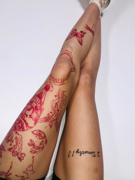 Red Tattoo Leg, Red Patchwork Tattoos, Red Leg Tattoo, Sleeve Leg Tattoo, Leg Tattoo Sleeve, Leg Tattoo Placements, Side Leg Tattoo, Dragon Tattoo Leg, Calf Tattoos For Women