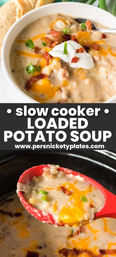 Slow cooker potato soup is thick, creamy, and tastes just like a loaded baked potato in the form of a warm and cozy soup! With just a few minutes of prep to sauté bacon and chop the potatoes (you don’t even need to peel them), it’s the crockpot that does all the work! Potato Soup With Ham, Baked Potato Soup Crock Pot, Slow Cooker Potato, Potato Bacon Soup, Slow Cooker Potato Soup, Slow Cooker Potatoes, Cheesy Potato Soup, Ham And Potato Soup, Cozy Soup