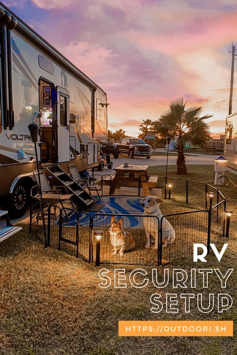 Rv Front Yard, Rv Camping Outdoor Setup, Travel Trailer Outdoor Setup, Full Time Rv Living Outdoor Setup, Rv Site Ideas, Rv Camping Setup Ideas, Outdoor Rv Setup, Outside Camper Set Up, Rv Security Ideas