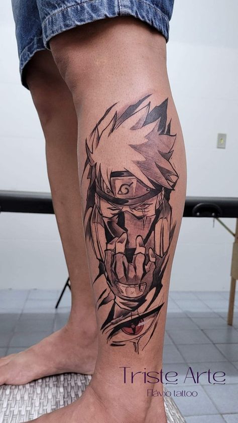 Anime Calf Tattoo, Tattoo Ideas Naruto, Kakashi Tattoo Ideas, Kakashi Tattoo Design, Itachi Tattoo, Kakashi Tattoo, Naruto Tattoos, Mens Owl Tattoo, Shen Long Tattoo