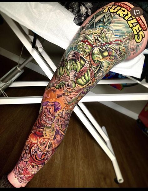 Tmnt Tattoo, Ninja Turtle Tattoos, Ninja Tattoo, Colorful Sleeve Tattoos, Tattoo Memes, Brian Dawkins, Video Game Tattoo, Comic Tattoo, Batman Tattoo