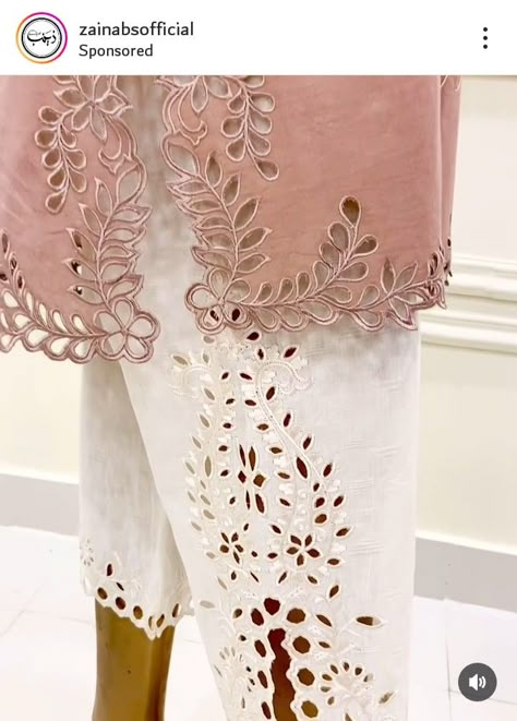 Experimental Dresses, Duppattas Designs Ideas, Cutwork Designs, Pants Embroidery, Self Embroidery, Daman Design, Cotton Suit Designs, Suit Details, Embroidered Summer Dress