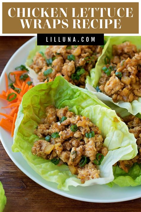 This Chicken Lettuce Wraps recipe is a copycat of a restaurant favorite. It's fresh and filling and takes just 20 minutes to make!! #chickenlettucewraps #lettucewraps #chicken #asianrecipe #pfchangscopycat Seaseme Chicken, Lettuce Wraps Chicken, Healthy Chicken Lettuce Wraps, Chicken Hoisin Sauce, Pf Changs Chicken Lettuce Wraps, Lettuce Wraps Healthy, Lettuce Wraps Recipe, Asian Chicken Lettuce Wraps, Asian Lettuce Wraps