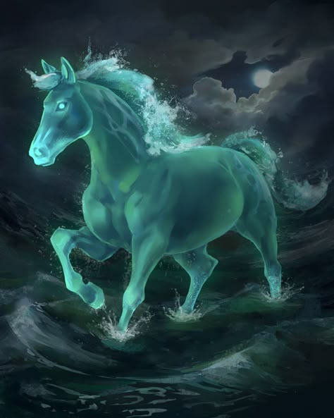 Water Animals Art, Horse In Water, Mythical Water Creatures, Kelpie Horse, In Water Drawing, Horse Spirit Animal, Water Horse, Horse Water, Horse Cartoon