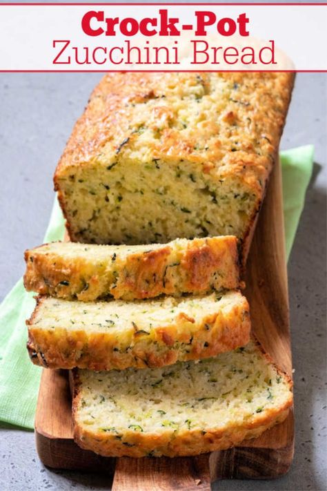 Crock-Pot Zucchini Bread - Use up the abundance of fresh zucchini in the summer without heating up the oven with this super easy recipe for Crock-Pot Zucchini Bread! [Vegetarian & Low Sodium] #CrockPotLadies #CrockPot #SlowCooker #ZucchiniBread #QuickBread #BreadRecipes Crock Pot Zucchini Bread, Crockpot Zucchini Bread, Zucchini In Crockpot, Crockpot Zucchini Recipes, Zucchini Crockpot Recipes, Crockpot Bread Recipes, Crockpot Breads, Crockpot Zucchini, Crockpot Cakes