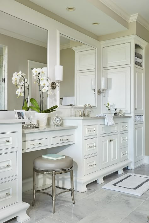 Master Bath With Built In Vanity, Interior Design Master Bath, Bathroom Makeup Vanity Ideas Master Bath, Bathroom Vanity With Linen Cabinet, Master Bath Cabinets, Farmhouse Revival, La Bathroom, Bedroom Vanity Ideas, Dream Bathroom Master Baths