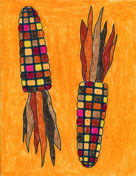 Fall Art Project: How to Draw Corn · Art Projects for Kids Indian Corn Art Projects For Kids, 2nd Grade Art Projects Fall, Indian Corn Art, November Art Projects For Kids, Thanksgiving Artwork, Thanksgiving Art Projects, Line Art Projects, November Art, Class Painting