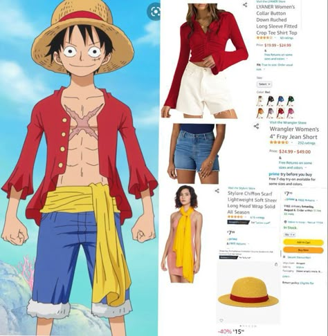 Luffy X Nami Halloween Costume, Anime Coustems, Coustems Ideas Anime, Luffy Costume Female, One Piece Diy Costume, Monkey D Luffy Halloween Costume, One Piece Costume Anime, Anime Cosplay Outfits Ideas, Luffy Halloween Costume Girl