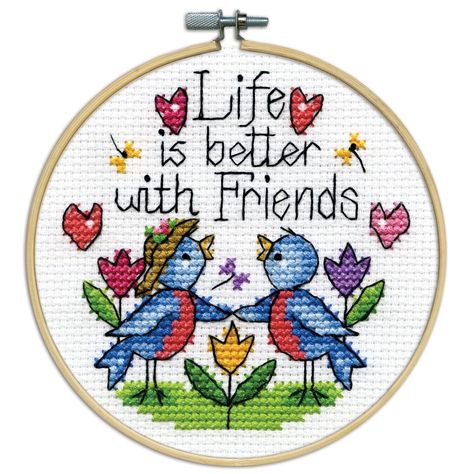 Design Works Counted Cross Stitch Kit 4" Round-Friends (14 Count) -DW7058 2 Life Is Better With Friends, Cross Stitch Stocking, Cross Stitch Quotes, Marcus Fabric, Stitch Pictures, Cross Stitch Pictures, Michael Miller Fabric, Counted Cross Stitch Kits, Cross Stitch Patterns Free