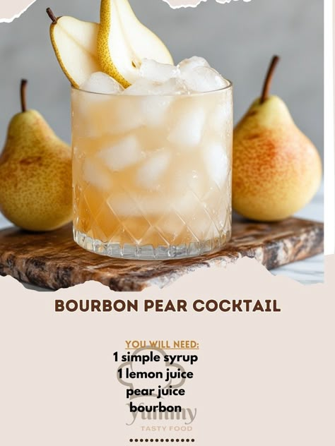 🍐✨ Elevate your cocktail game with this delicious Bourbon Pear Cocktail! Perfect for cozy evenings. 🥃🍐 Bourbon Pear Cocktail Ingredients: - 2 oz bourbon - 1 oz pear juice - 1/2 oz lemon juice - 1/2 oz simple syrup - Ice - Sliced pear for garnish Instructions: 1. Fill a shaker with ice. 2. Add bourbon, pear juice, lemon juice, and simple syrup. 3. Shake well and strain into a glass filled with ice. 4. Garnish with a slice of pear. 5. Enjoy your refreshing Bourbon Pear Cocktail! 🍐🥃 Give your... Pear Cocktail Recipes, Pear Syrup Recipe, Nye Cocktails, Thanksgiving Recipes Drinks, Pear Cocktail, Nye Cocktail, Pear Martini, Pear Cocktails, Christmas Drinks Recipes