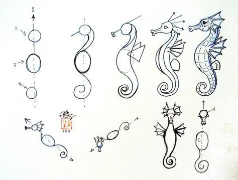 Seahorse Drawing, Sea Horses, 강아지 그림, Horse Drawing, Sea Horse, Seahorses, Art Instructions, Ocean Animals, Drawing Lessons