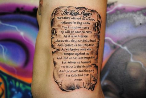 The Lord's Prayer Lords Prayer Tattoo, Scroll Tattoo, Prayer Tattoo, Scroll Tattoos, Saint Tattoo, Lord Prayer, Heaven Tattoos, Our Father Prayer, Our Father Who Art In Heaven