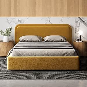 Omax Decor Chloe Upholstered Platform Bed | Box Spring Not Required | (Mustard Boucle, Queen Bed Frame) Modern Queen Bed Frame, Bed Box, Box Spring Bed, Wingback Headboard, Queen Platform Bed, King Bed Frame, Queen Bed Frame, Metal Platform Bed, Headboard Designs