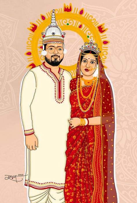 Wedding Card design Bengali Wedding Illustration, Wedding Couple Illustration, Marriage Frame, Groom Cartoon, Wedding Illustration Card, Bride And Groom Cartoon, Invitation Illustration, Dresses Images, Desi Art