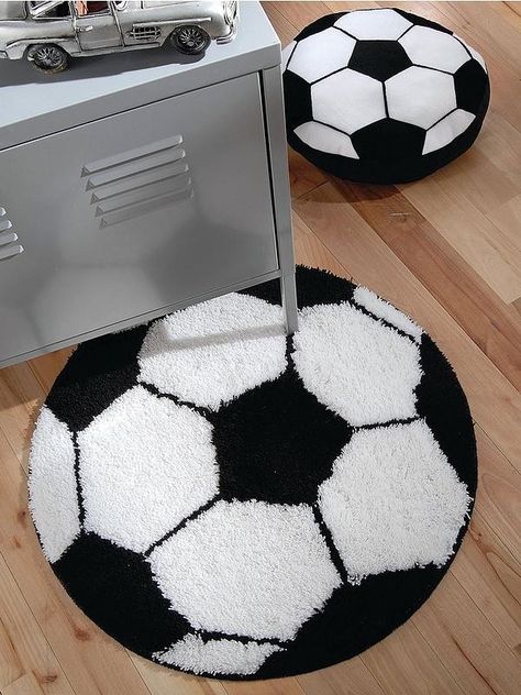 Black And White Bathroom Rug, Soccer Themed Bedroom, Soccer Bedroom, White Bathroom Rug, Soccer Room, Football Rooms, Football Rug, Football Bedroom, Boys Bedroom Makeover