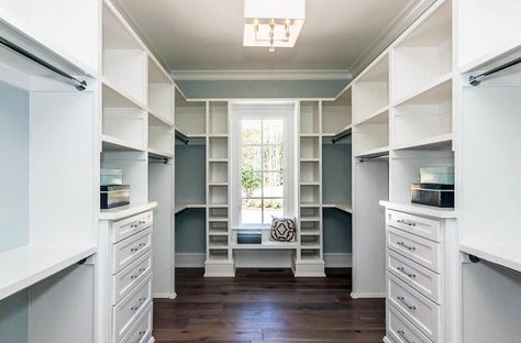 Walk in closet with custom window seat shoe rack and drawers Walk In Closet With Window Layout, Closets With Windows, Closet With A Window, Vanity Pictures, Open Closets, Master Closets, Master Closet Design, Master Closet Organization, Closet Solutions