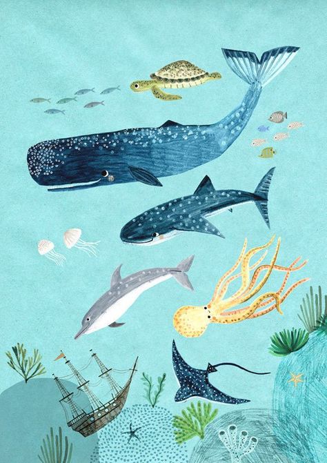 Sea Animal Illustration, Underwater Sea Creatures, Ocean Illustration, Tropical Poster, Oopsy Daisy, Underwater Sea, Picking Flowers, Fabric Wall Decals, Tropical Wall Art