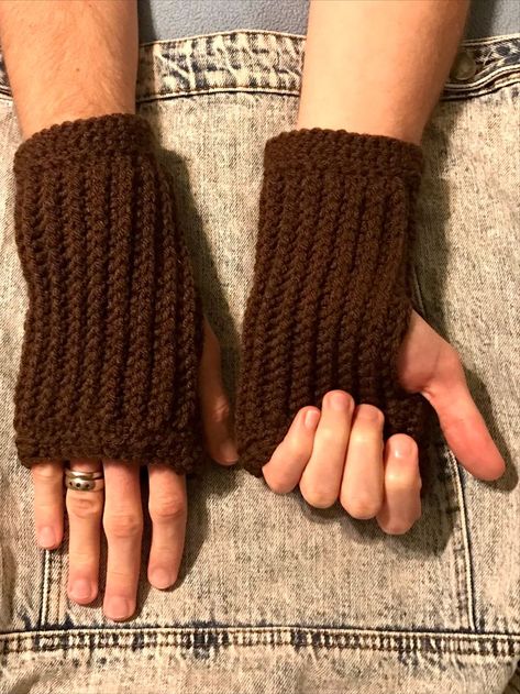 Handmade by @sweetheartandhome, (Men's), Brown, Crochet, Fingerless Gloves Crochet Brown, Crochet Men, Gloves Men, Brown Crochet, Crochet Fingerless Gloves, Crochet Gloves, Embroidery Craft, Mens Gloves, Fingerless Gloves