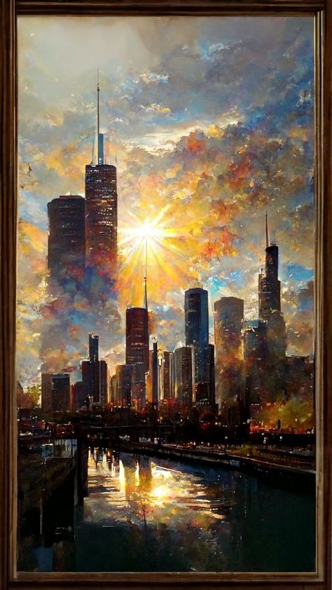 Chicago Sunset, Chicago Painting, Skyline Artwork, New York Painting, Skyline Painting, Landscape Sketch, Canvas Drawings, Architecture Drawing Art, City Painting