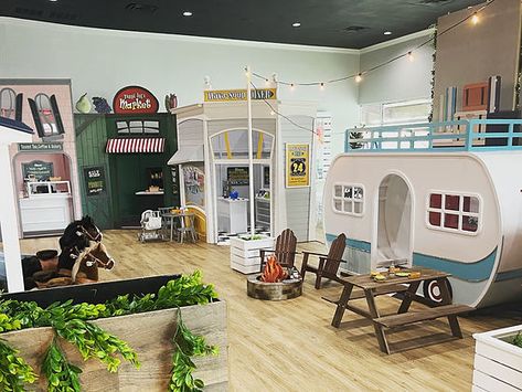 Preschool Indoor Playground Ideas, Playroom Town Ideas, Indoor Cafe Design, Starting An Indoor Playground Business, Indoor Play Town, Tiny Town Playroom, Play Places For Kids Indoor, Playroom Design Indoor Playground, Play Cafe Ideas