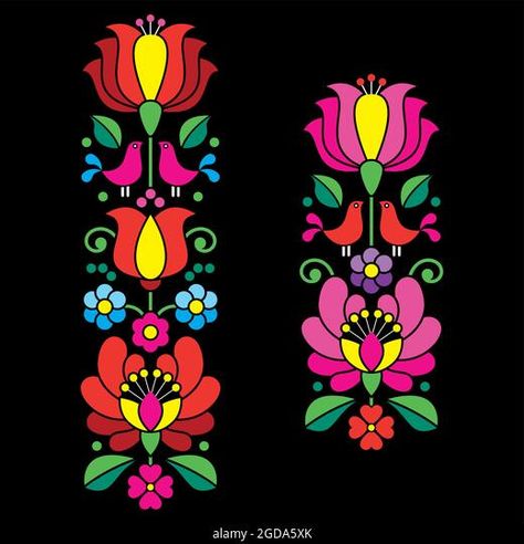 Kalocsai embroidery style floral design set - Hungarian folk art patterns Folk Art Patterns, Mexican Inspired Wedding, Hungarian Folk Art, Folk Illustration, Folk Pattern, Modern Folk Art, Painted Glass Vases, Hungarian Embroidery, Folk Design