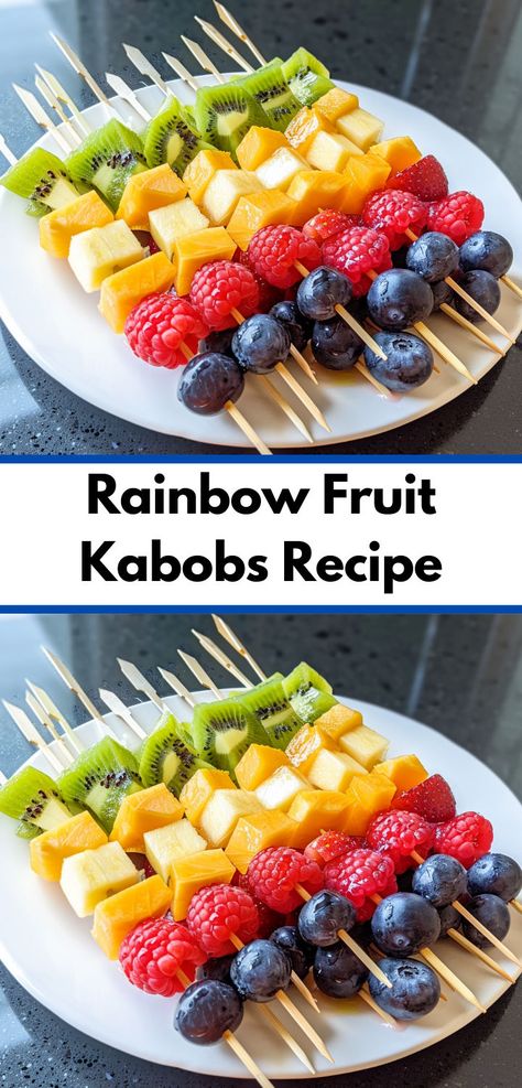 Planning a party? Try our rainbow fruit kabobs recipe! These colorful fruit kabobs for parties are perfect as a fun and healthy kids party food. Colorful Birthday Party Food, Fruit Kabobs For Party, Rainbow Bachelorette, Fruit And Vegetable Recipes, Rainbow Kids Party, Healthy Kids Party Food, School Desserts, Fruit Boards, Rainbow Fruit Kabobs