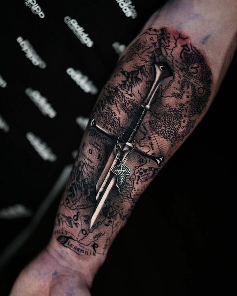 Anduril Tattoo Aragorn Ring Tattoo, Lord Of The Rings Half Sleeve Tattoo, Lord Of The Rings Narsil Tattoo, Lotr Forearm Tattoo, Lotr Evenstar Tattoo, Narsil Anduril Tattoo, Lotr Map Tattoo, Arthurian Tattoo, Mens Bicep Tattoo Ideas