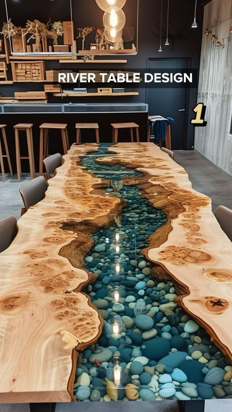 River table design by @designidehub⁠ ⁠ ▶️ Tag someone who would love this.⁠ ⁠ #table #handmade #wooden Seni Resin, Diy Resin Table, Wooden Dining Table Designs, Resin And Wood Diy, Wood Resin Table, Epoxy Wood Table, Decoration Restaurant, Wood Table Design, Epoxy Resin Table