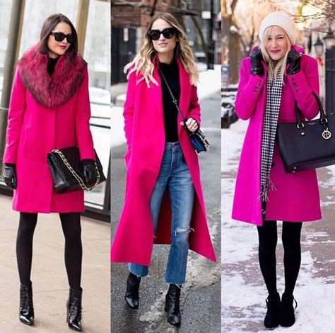 Fuschia Coat Outfit, Hot Pink Pea Coat Outfit, Magenta Coat Outfit, Fuschia Coat Outfit Winter, Magenta Coat Outfit Winter, Hot Pink Wool Coat Outfit, Pink Single-breasted Pea Coat For Winter, Pink Coat Outfit, Dressy Fall Outfits