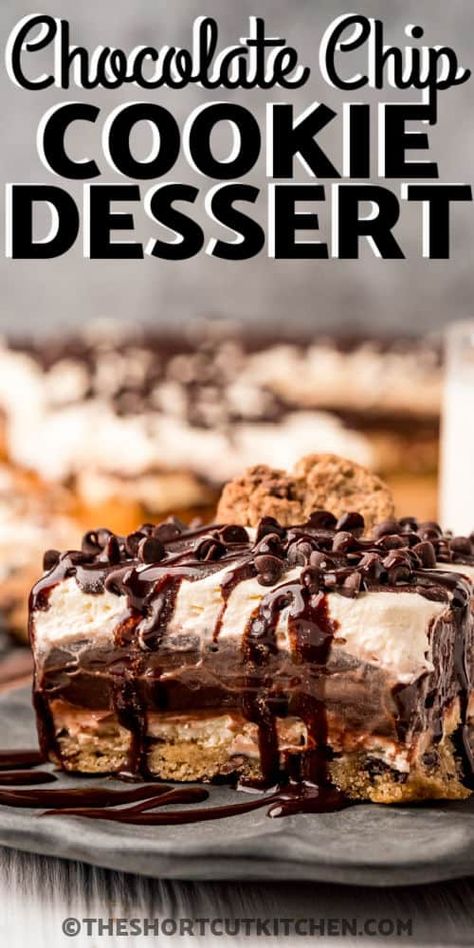 Chocolate Chip Cookie Lasagna, Cookie Lasagna Desserts, Chocolate Chip Cookie Pudding Dessert, Chocolate Chip Cookie Icebox Cake, Chocolate Chip Cookie Dough Desserts, Chocolate Chip Cookie Mix Recipes, Dessert Lasagna Recipes, Cool Whip And Pudding, Sunday Desserts