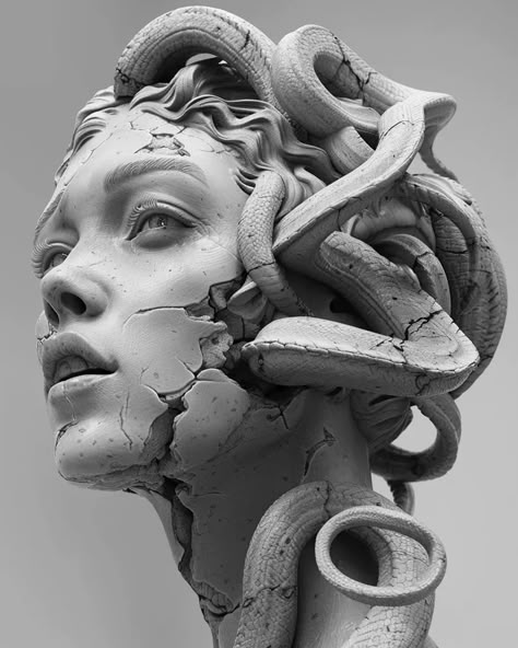 The image is a black and white sculpture of Medusa. She is depicted with a beautiful face, but her head is covered in snakes ->> more details in ai-img-gen.com Medusa Masks, Black And White Sculpture, Medusa Snakes, Tattoo Medusa, Greek God Tattoo, White Sculpture, Medusa Art, Ancient Greek Sculpture, Greek Mythology Tattoos