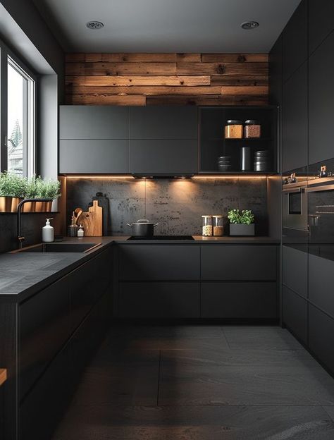 Future Home Modern Black Kitchen, Small Modern Kitchens, Desain Pantry, Modular Kitchen Design, Minimalist Kitchen Design, Modern Kitchen Interiors, Kitchen Interiors, Kitchen Design Plans, Modern Kitchen Cabinets