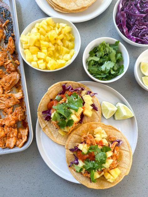 SHEET PAN PINEAPPLE CHICKEN TACOS Jenna Eats Good, Pineapple Chicken Tacos, Food Calendar, Healthy Dressing, Sitting Outside, Healthy Tacos, Pineapple Chicken, Pan Meals, Easy Weeknight Dinner