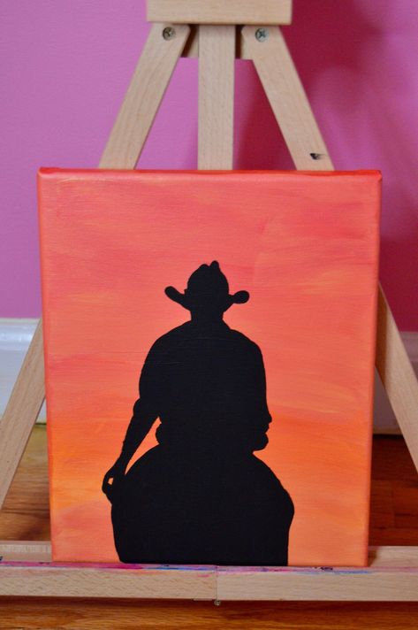 Sillhoute Art Painting, Easy Cowgirl Paintings, Cowboy Sillouhette, Cowboy Paintings Western Easy, Western Things To Paint, Cowboy Hat Painting Canvas, Country Painting Ideas Easy, Easy Western Painting Ideas On Canvas, Simple Western Painting Ideas