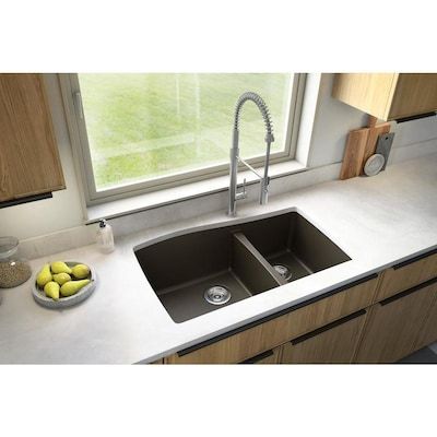 Karran Undermount 33.5-in x 20.625-in Brown Double Offset Bowl Kitchen Sink in the Kitchen Sinks department at Lowes.com Quartz Kitchen Sink, Double Bowl Undermount Kitchen Sink, Composite Kitchen Sinks, Quartz Sink, Drop In Kitchen Sink, Solid Surface Countertops, Double Bowl Kitchen Sink, Quartz Kitchen, Bowl Kitchen Sink