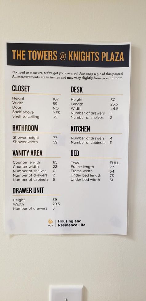 Printed form from UCF for the dorm room and furniture measurements.  Shows each room and pice of furniture in a list format with all the measurements. Ucf Towers Dorm Room, Ucf Dorm, Boy College Dorms, College Dorm List, Dorm List, Furniture Measurements, College Announcements, College Inspiration, Room Measurements