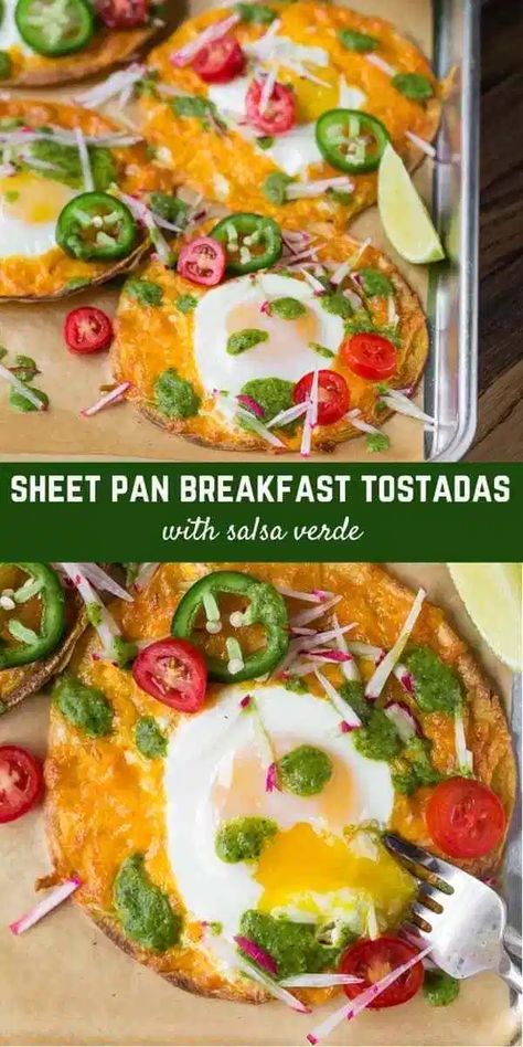 A Southwestern take on eggs and toast, these sheet pan breakfast tostadas are a step away from ordinary, with crunchy corn tortillas, sharp cheddar cheese, eggs, and brilliant salsa verde. Breakfast Tostadas, Sheet Pan Breakfast, Corn Tortilla Recipes, Eggs And Toast, Crunchy Corn, Crescent Roll Breakfast Casserole, Breakfast Wraps, Baked Bacon, Delicious Breakfast Recipes