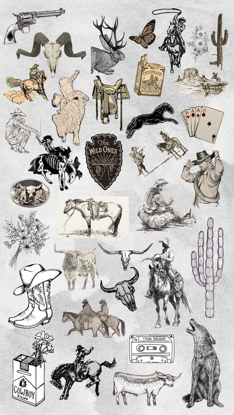 Western Aesthetic Tattoo, Dark Western Tattoo, Yallternative Aesthetic Wallpaper, Spooky Western Tattoo, South Western Tattoo, Spur Tattoo Western, Cowboys Tattoo, Vintage Western Tattoos, Western Gothic Tattoo