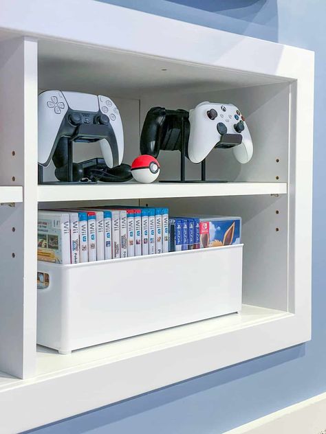 Playstation Game Storage, Gaming Shelves Bedroom, Game Console Cabinet, Nintendo Game Storage, Boys Video Game Playroom, Video Game Storage Ideas Hidden, Gaming Cabinet Ideas, Organize Video Games, Playstation Organization Ideas