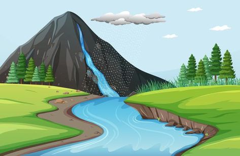 Nature scene with water falls from stone... | Free Vector #Freepik #freevector #background #tree #water #green River Animation, Background Tree, Arrow Clipart, River Pictures, Landscape Design Drawings, Green Scenery, Cartoon Turtle, Waterfall Art, Mountain Background