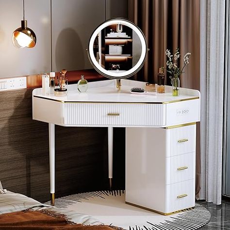 sbdmirau Modern Corner Vanity with Lighted Mirror,Large Size Corner Dresser,Makeup Dressing Table with 4 Drawers, Cabinet and Rotating Mirror,with Power Strip and Nightstand,Writing Desk White Vanity With Lighted Mirror, Corner Vanity Table, Corner Dresser, White Corner Desk, Corner Makeup Vanity, Dresser Minimalist, White Cupboard, Rotating Mirror, White Vanity Desk